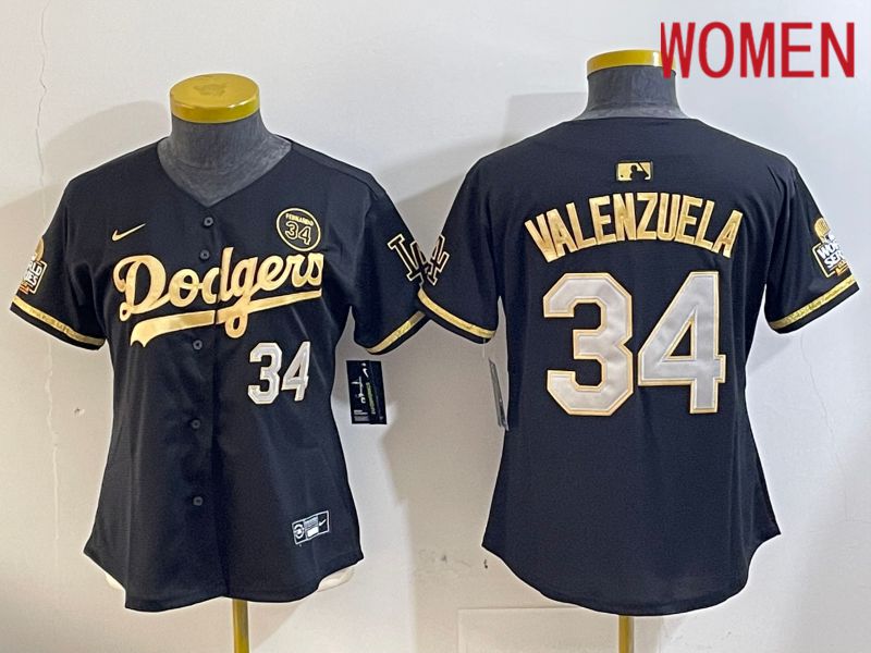 Women Los Angeles Dodgers #34 Valenzuela Black Gold Fashion Nike 2024 MLB Jersey style 1120